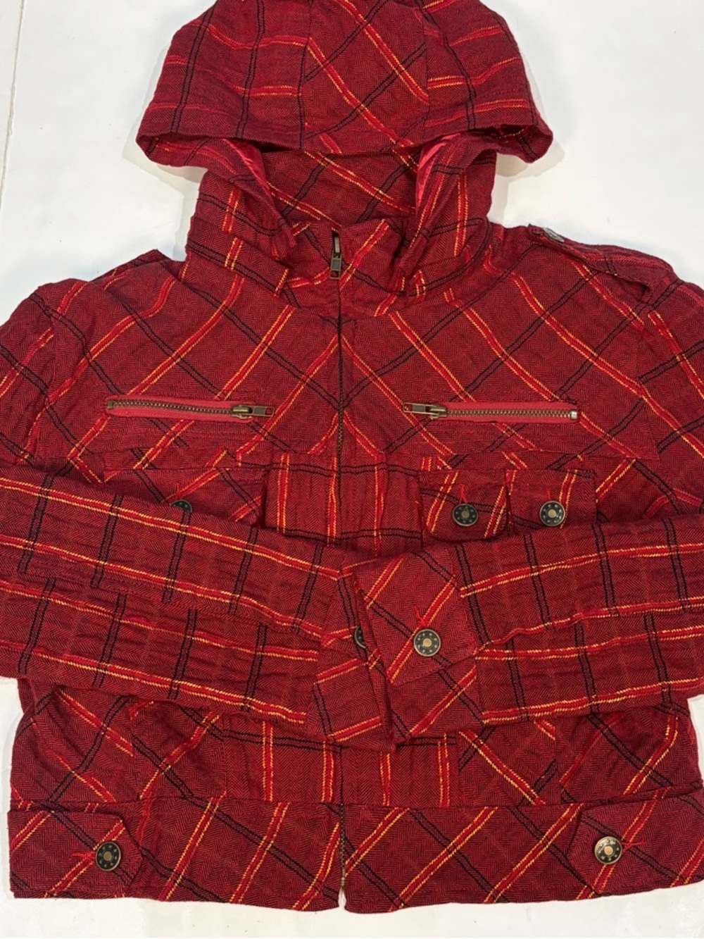 Feline Red Gold Plaid Cropped Full Zip Jacket Detachable Hood Junior Size Large - Picture 14 of 16